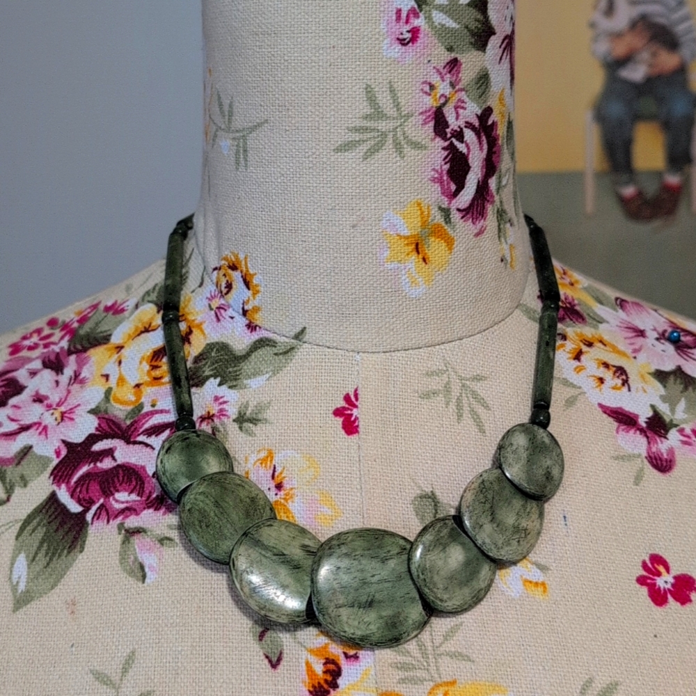 Vintage Wood and Carved Bovine Bone Green and‎ Cream Discs Necklace